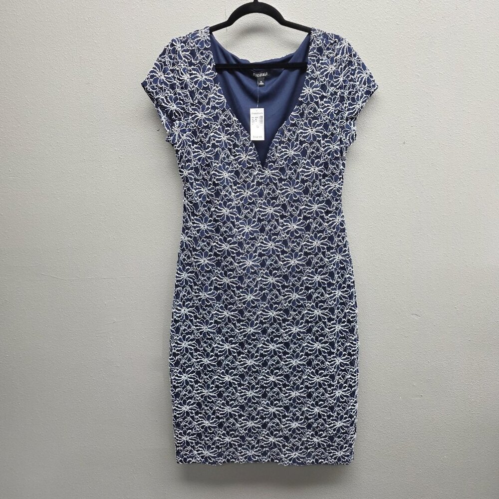 Roz & Ali Dress Womens 14 Navy Blue Lace Floral Sequin Sheath V Neck Cap Sleeve - Picture 1 of 12